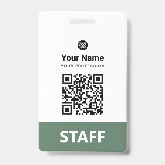 Sage Green Employee Qr Code, Bar Code, Logo, Name Badge (Front)