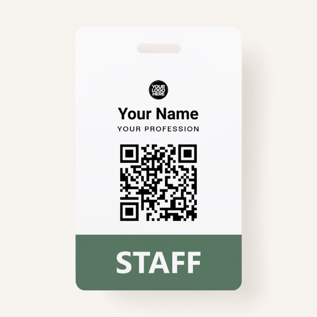 Sage Green Employee Qr Code, Bar Code, Logo, Name Badge (Front)