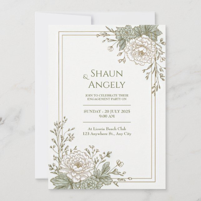Sage Green Engraved Peony Gold Frame Wedding Invitation (Front)