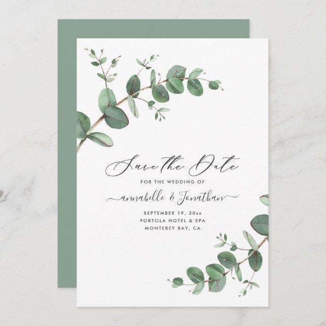 Sage green Eucalyptus botanical foliage modern Save The Date (Front/Back)