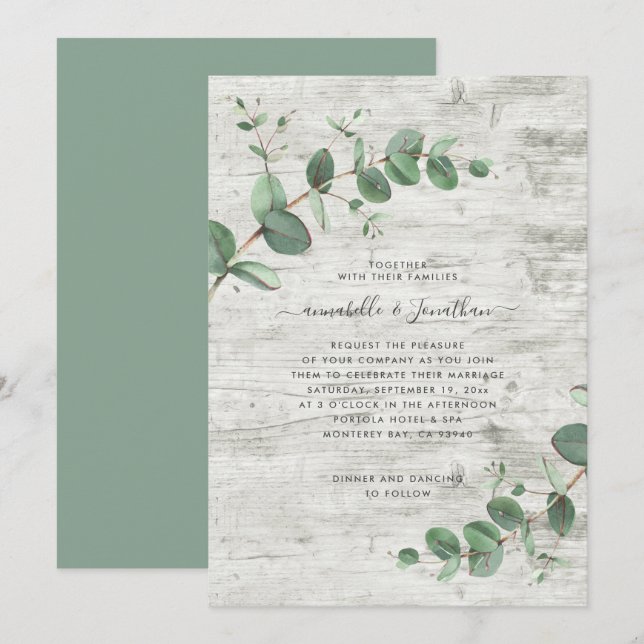 Sage green Eucalyptus botanical foliage white wood Invitation (Front/Back)