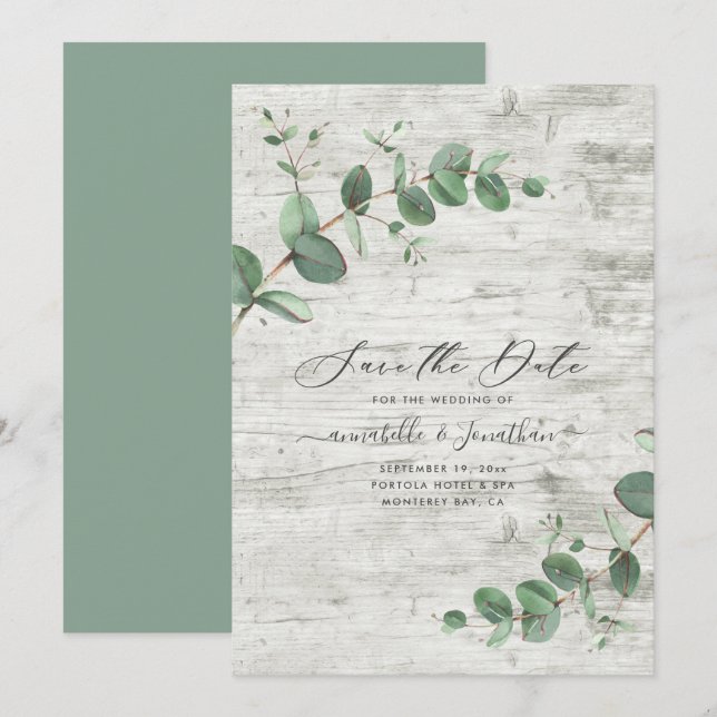 Sage green Eucalyptus botanical foliage white wood Save The Date (Front/Back)