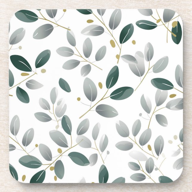 Sage green eucalyptus botanical leaf pattern coaster (Front)