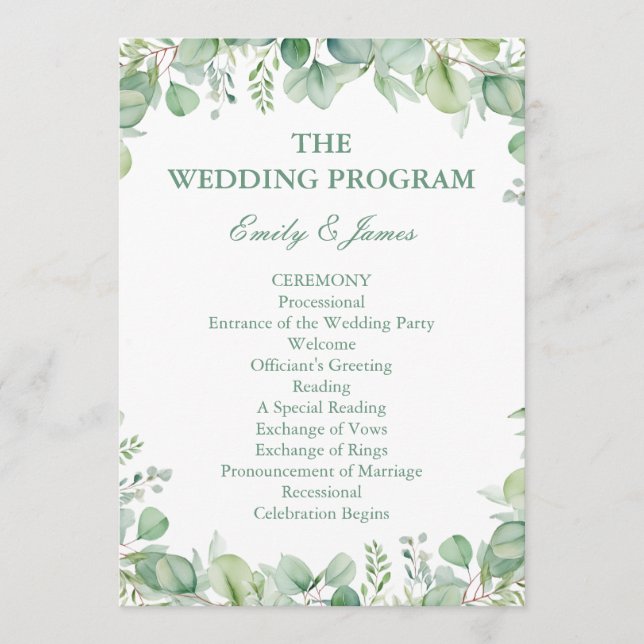 Sage Green Eucalyptus Botanical Wedding PROGRAM (Front)
