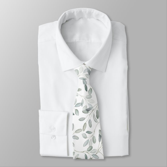 Sage Green Eucalyptus Branch Watercolor Wedding Tie (Tied)