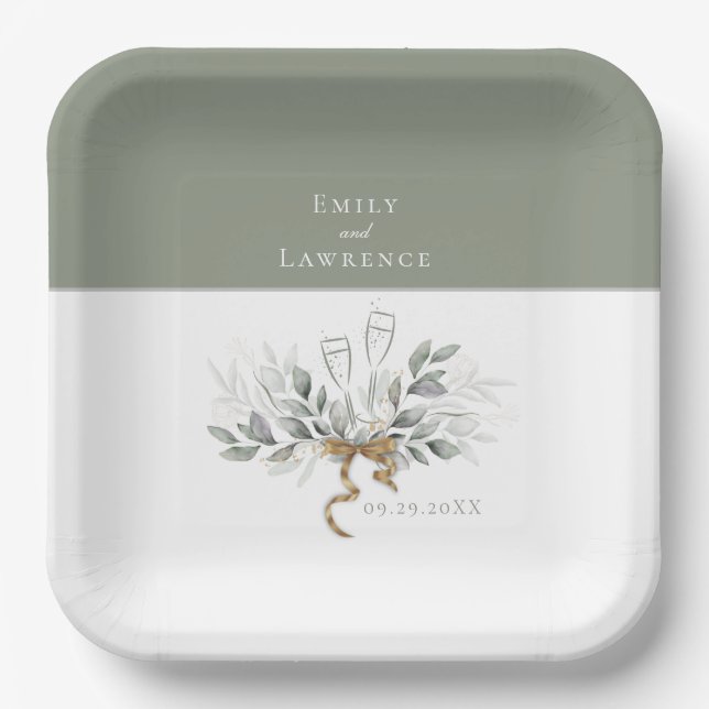 Sage Green Eucalyptus Champagne Wedding Plates (Front)