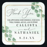 Sage Green Eucalyptus Garland Gold Oval Wedding Square Sticker<br><div class="desc">This modern and elegant wedding thank you sticker is perfect for the contemporary couple. It features sage green hand-painted hanging eucalyptus garland on top of a faux printed gold round square border and light green watercolor artsy background. It's artistic, beautiful, and rustic; the perfect design to impress your guests. ***IMPORTANT...</div>