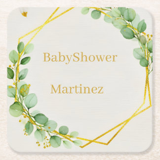Sage Green Eucalyptus Gold Baby Shower Coasters