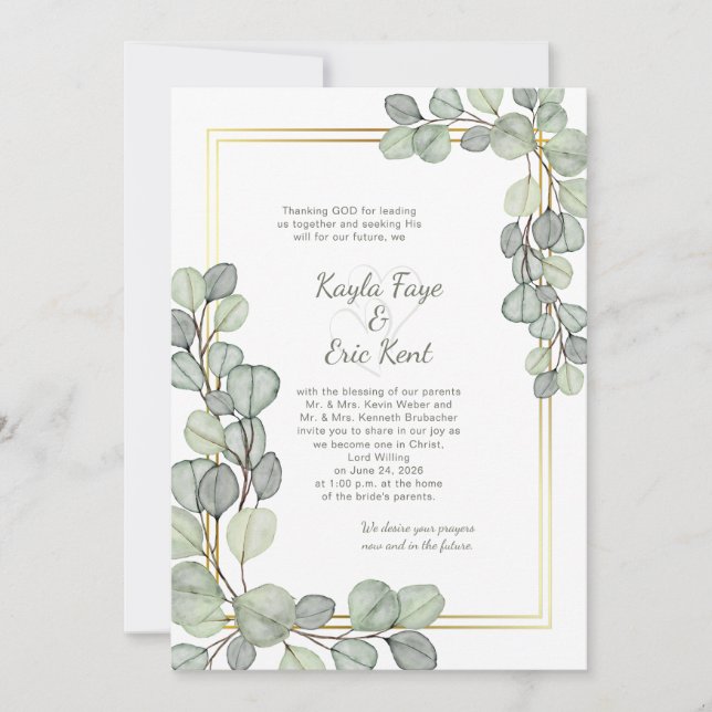Sage Green Eucalyptus Gold Frame Wedding Invitation (Front)