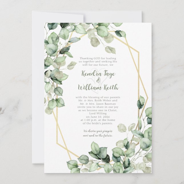 Sage Green Eucalyptus Gold Geometric Wedding Invitation (Front)