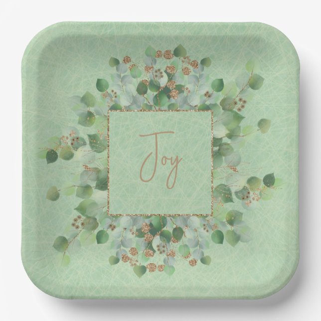 Sage Green Eucalyptus Gold Glitter Custom Joy Paper Plate (Front)