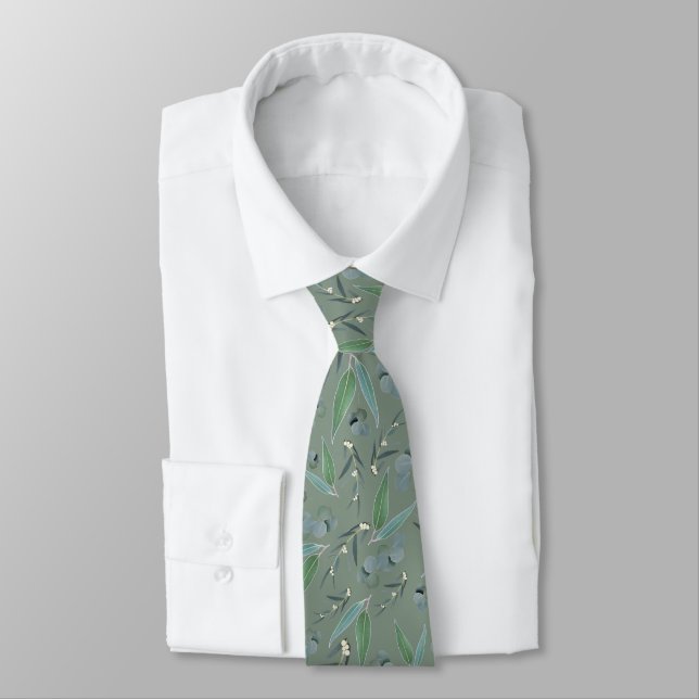 Sage Green Eucalyptus Greenery Pattern Wedding Tie (Tied)