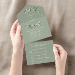Sage Green Eucalyptus Greenery Wedding Elegant All In One Invitation<br><div class="desc">Sage Green Eucalyptus Greenery Succulent Botanical Watercolor Autumn,  Fall,  Spring or Summer Sage ,  Emerald Green and Gold Wedding Invitations on White background - includes beautiful and elegant script typography with modern botanical leaves and greenery for the special Wedding day celebration.</div>