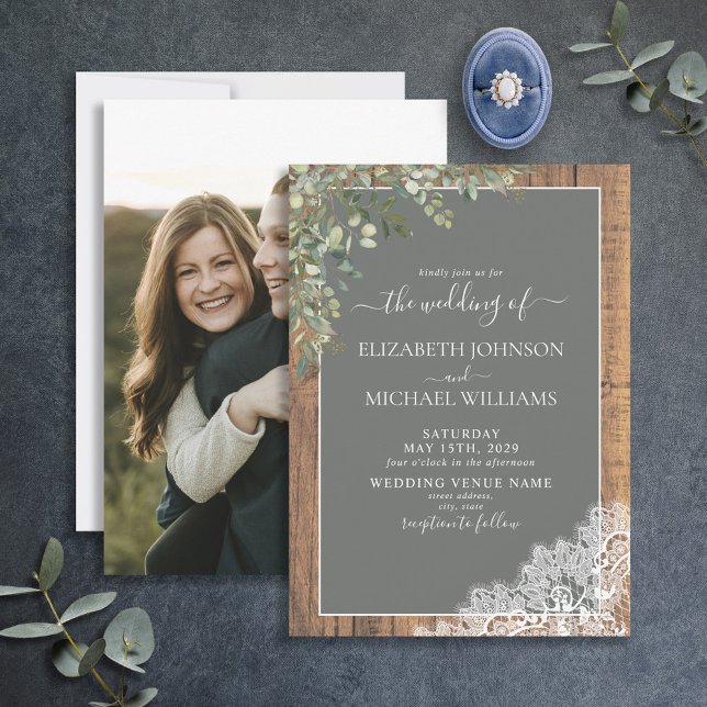 Sage Green Eucalyptus Lace Wood Script Photo Invitation (Creator Uploaded)