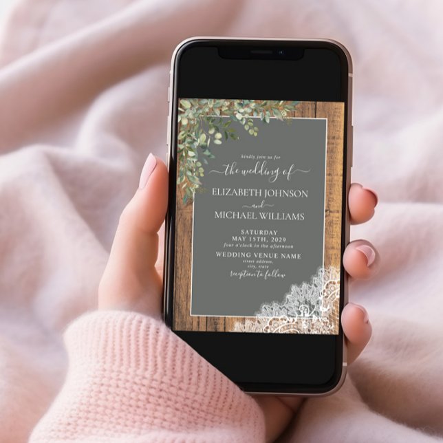 Sage Green Eucalyptus Lace Wood Script Photo Invitation (Creator Uploaded)