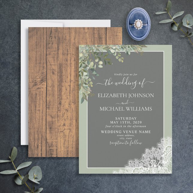 Sage Green Eucalyptus Lace Wood Script Wedding Invitation (Creator Uploaded)