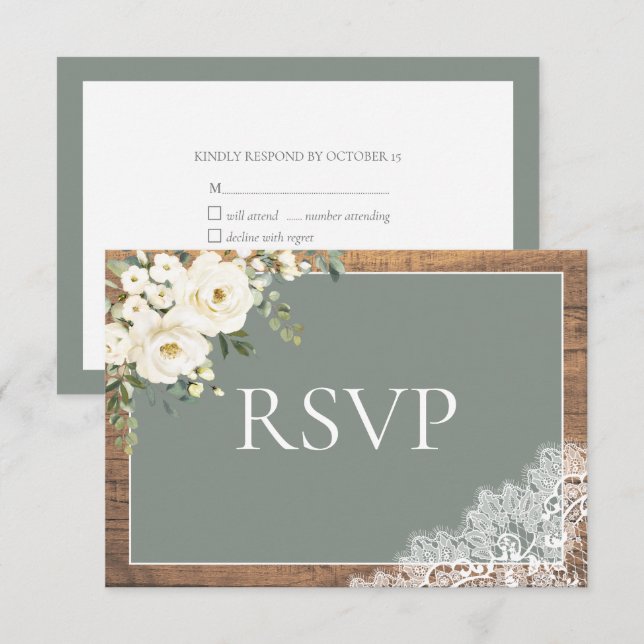 Sage Green Eucalyptus Lace Wood Wedding RSVP (Front/Back)