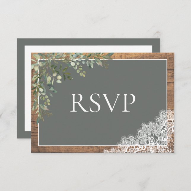 Sage Green Eucalyptus Lace Wood Wedding RSVP (Front/Back)