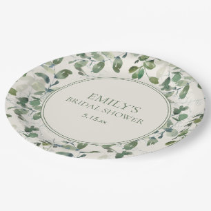 Sage Green Eucalyptus Leaves Cream Bridal Shower Paper Plate
