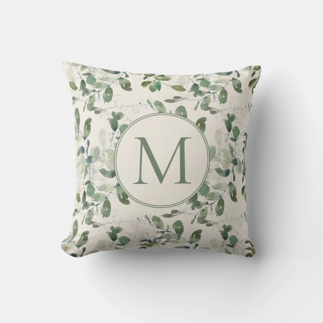 Sage Green Eucalyptus Leaves Cream Monogram Throw Pillow (Front)