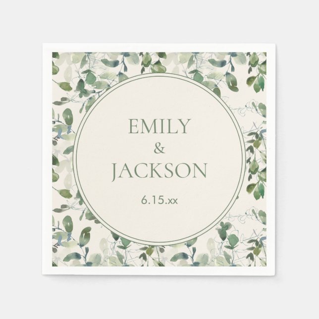 Sage Green Eucalyptus Leaves Cream Wedding Napkin (Front)