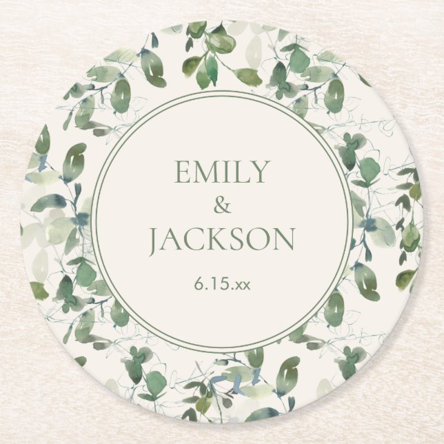 Sage Green Eucalyptus Leaves Cream Wedding Round Paper Coaster (Front)