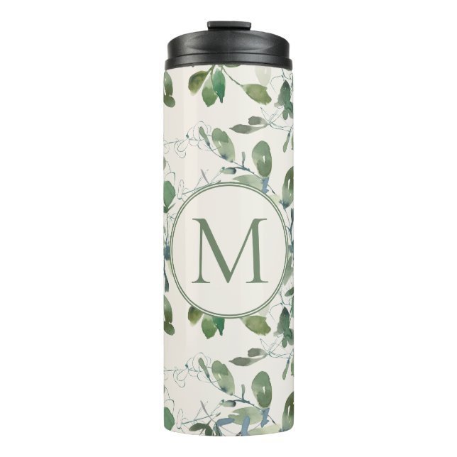 Sage Green Eucalyptus Leaves on Cream Monogram Thermal Tumbler (Front)