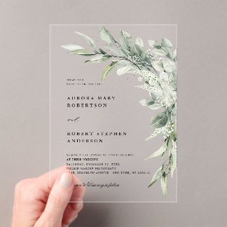 Sage Green Eucalyptus Minimalist Botanical Wedding Acrylic Invitations