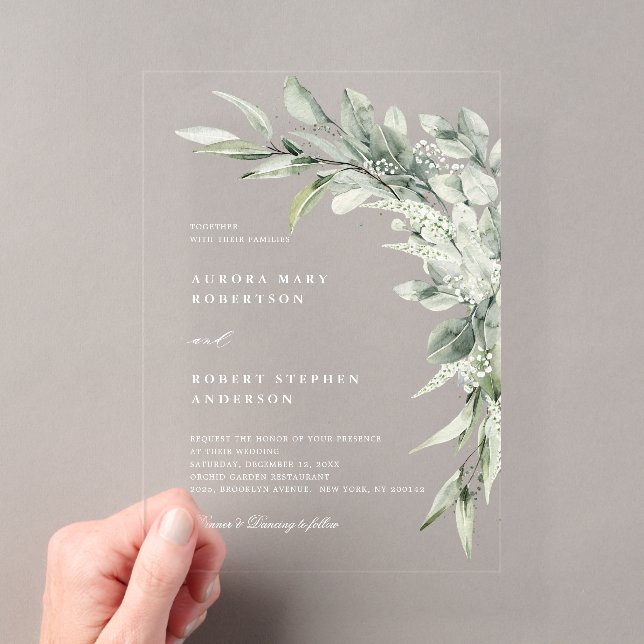 Sage Green Eucalyptus Minimalist Botanical Wedding Acrylic Invitations (Insitu (Handheld))