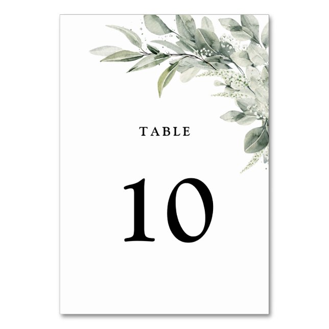 Sage Green Eucalyptus Minimalist Botanical Wedding Table Number (Front)