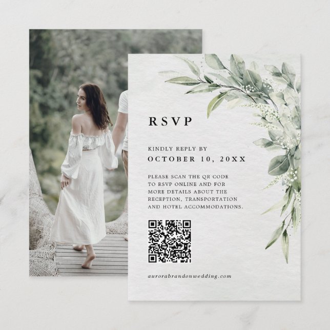Sage Green Eucalyptus Minimalist  QR code Photo RSVP Card (Front/Back)