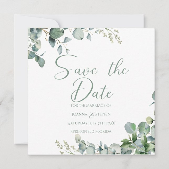 Sage green eucalyptus minimalist save the date invitation (Front)