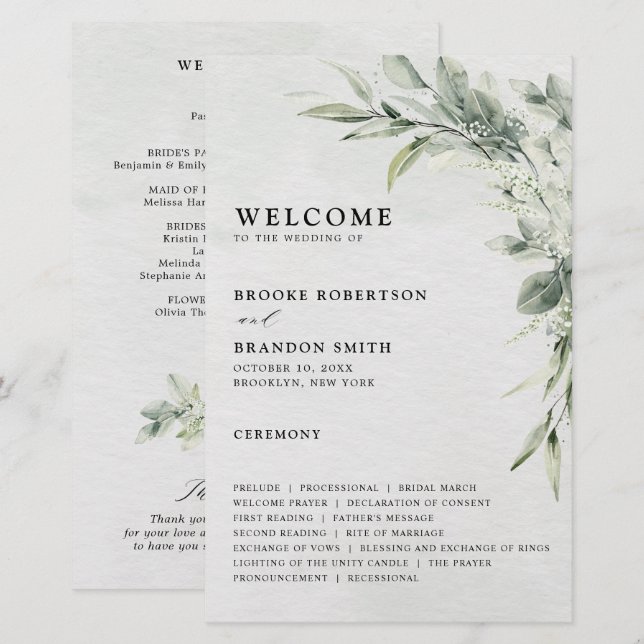 Sage Green Eucalyptus Programme de mariage botaniq (Devant / Derrière)