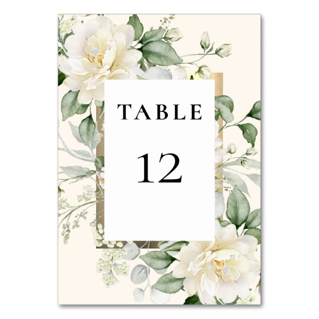 Sage Green Eucalyptus Rose Ivory & Gold Frame Table Number (Back)