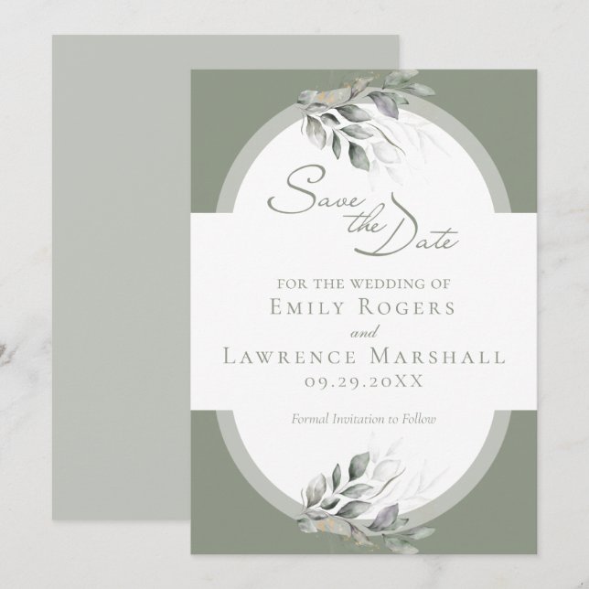 Sage Green Eucalyptus Wedding Save the Date Card (Front/Back)