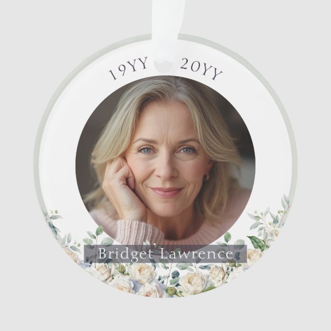 Sage Green Eucalyptus White Roses Remembrance Ornament (Front)