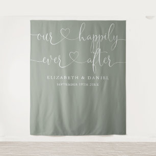 Sage Green Ever After Heart Script Wedding Tapestry