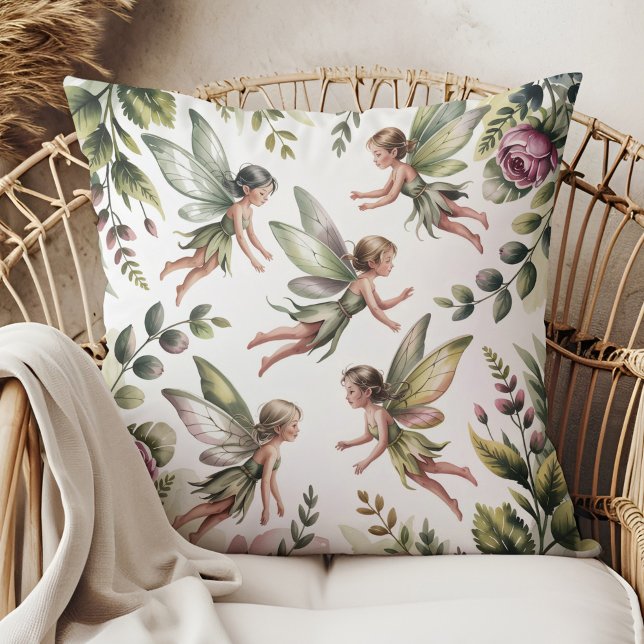 Sage Green Fairycore Botanical Throw Pillow (Sage Green Fairycore Botanical Throw Pillow in a boho neutral rattan armchair)