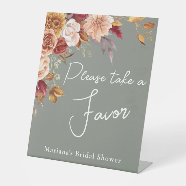 Sage Green Fall Floral Bridal Shower Favour Pedestal Sign (Front)