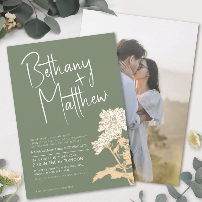 Sage green fall flowers calligraphy script wedding invitation (Creator Uploaded)