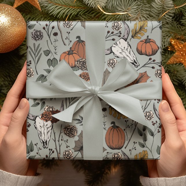 Sage Green Fall Harvest and Cow Skulls Halloween Wrapping Paper (Hand-DrawnCow Skull & Fall Harvest Illustrations. Skull, Pumpkins, Roses, Leaves, Berries & Branches)