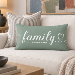 Sage Green Family Heart Script Monogram Lumbar Pillow