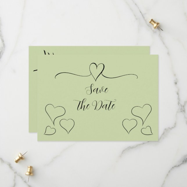Sage Green Fancy Calligraphy Hearts  Save The Date (Front/Back In Situ)