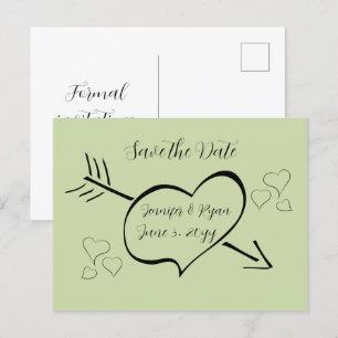 Sage Green Fancy Calligraphy Hearts Save the Date Postcard