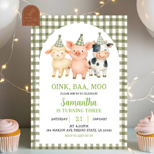 Sage Green Farm Party Gingham Birthday Invitation