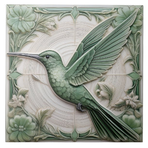 Sage green faux relief Art Nouveau Hummingbird L Tile