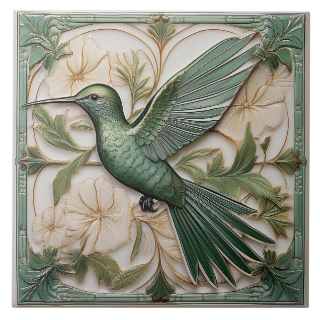 Sage green faux relief Art Nouveau Hummingbird  Tile (Front)