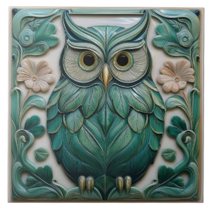 Sage green faux relief Art Nouveau Owl Tile