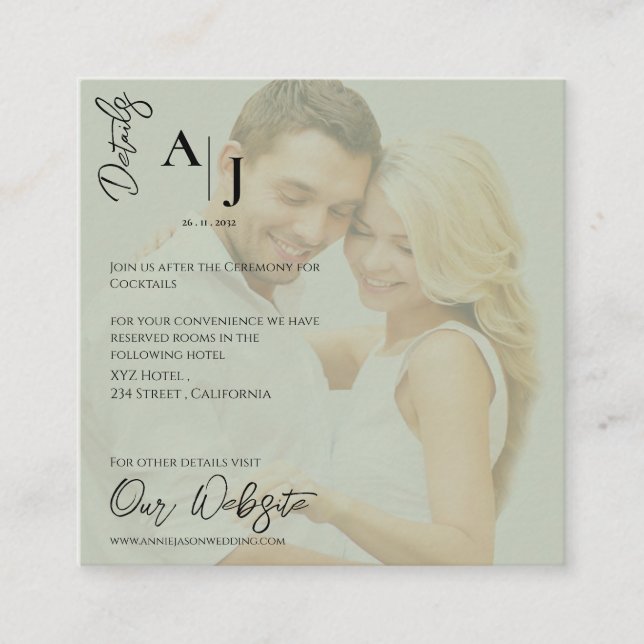 Sage Green Faux Vellum Photo Wedding Details Enclosure Card (Front)