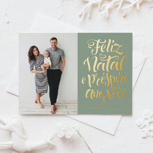 Sage Green Feliz Natal Calligraphy Christmas Photo Foil Holiday Postcard